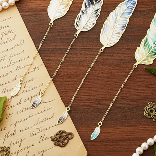 OFIFO® 4Pcs Vintage Metal Feather Bookmarks with Gradient Color Pendant, Retro Book Page Markers for Reading Lovers, Unique Gift for Students & Readers - Image 3