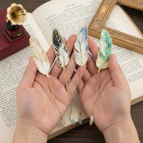 OFIFO® 4Pcs Vintage Metal Feather Bookmarks with Gradient Color Pendant, Retro Book Page Markers for Reading Lovers, Unique Gift for Students & Readers - Image 5