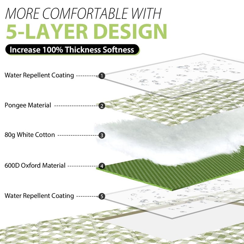 ZAZE Extra Large Picnic Outdoor Blanket, 80''x80'' Waterproof Foldable Blankets Gingham Picnic Mat for Beach, Camping Grass Lawn Park Accessories Cute Couple Gifts Ideas Wedding Registry(Green White) - Image 3