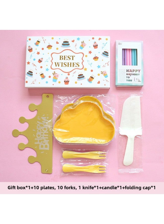 Birthday Dinner Plate Cake Tableware Food Grade Plastic Dinner Plate Disposable Paper Plate Candle Wet Wipes Four-in-one-Color:Classic Colorful Clouds For Ten People - Image 1