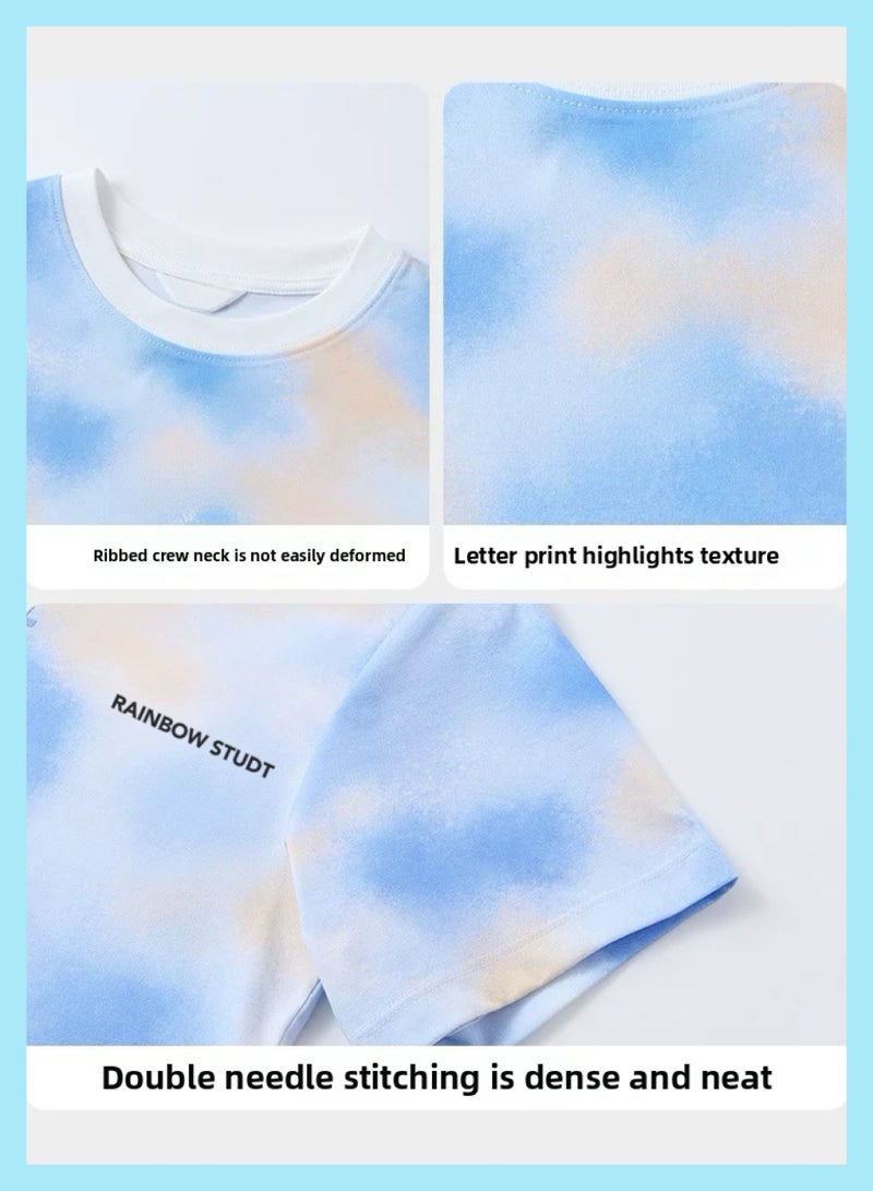 Boys' short-sleeved T-shirt, new 2025 pure cotton, boys' tie-dyed short-sleeved summer - Image 2