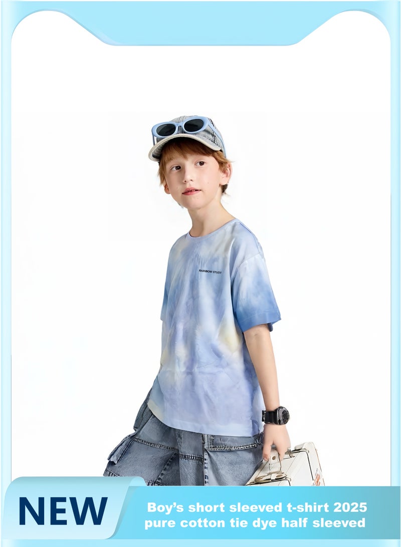 Boys' short-sleeved T-shirt, new 2025 pure cotton, boys' tie-dyed short-sleeved summer - Image 1