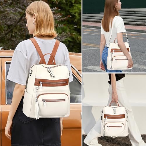 ALTOSY Genuine Leather Backpack Purse for Women Large Shoulder Bag With Laptop Compartment Multiple Pockets (S106 Beige/Brown) - Image 3