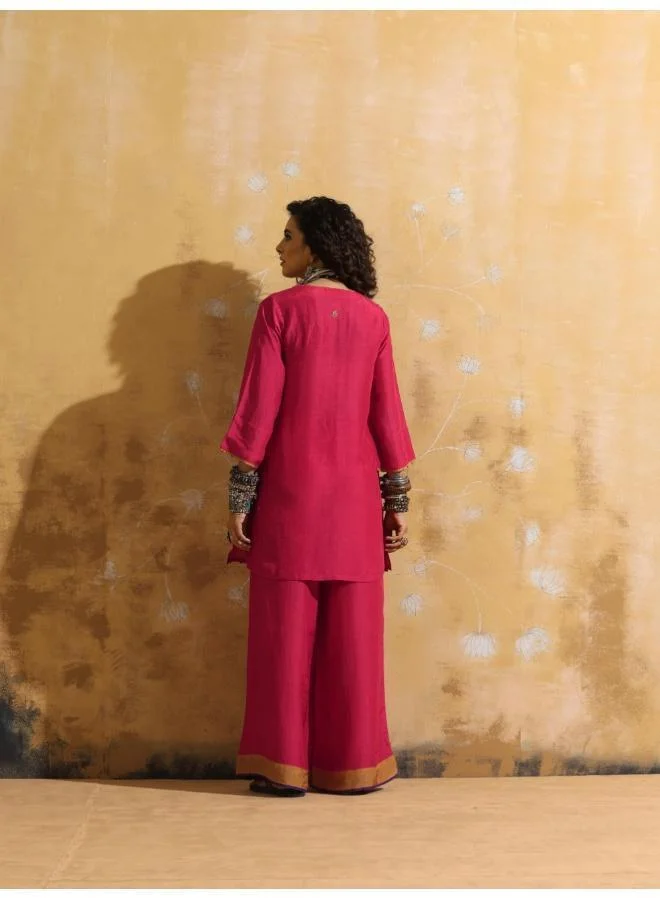 trueBrowns trueBrowns Pink Muslin Silk Co-ord Set with Flared Pants