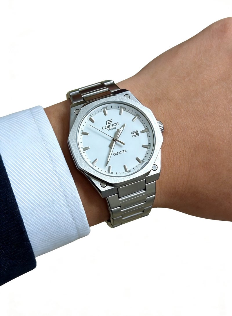كاسيو CASIO EDIFICE 100 متر مقاوم للماء الحركة الكوارتز حزام من الفولاذ المقاوم للصدأ ساعة للرجال لوحة بيضاء - Image 4