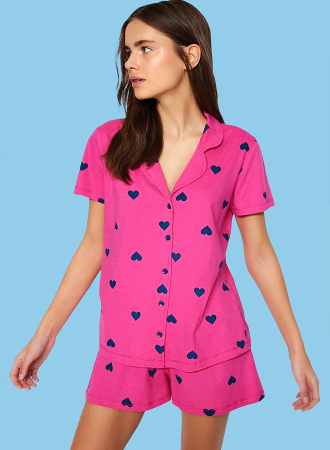 trendyol Pink 100% Cotton Heart Shorts Knitted Pajama Set - Image 1