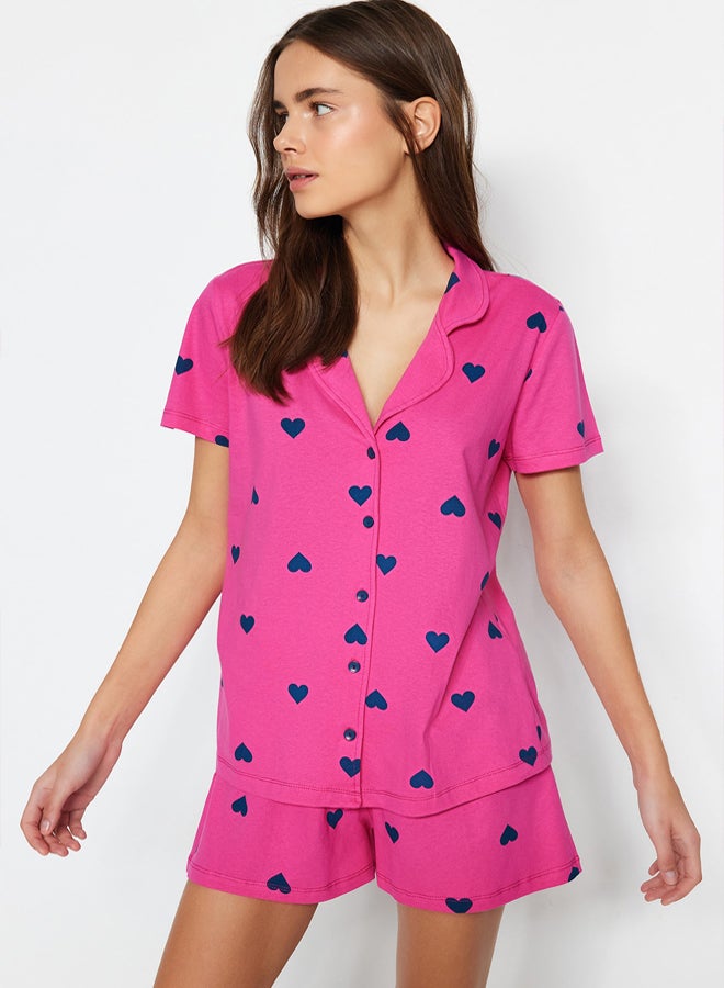 trendyol Pink 100% Cotton Heart Shorts Knitted Pajama Set - Image 2