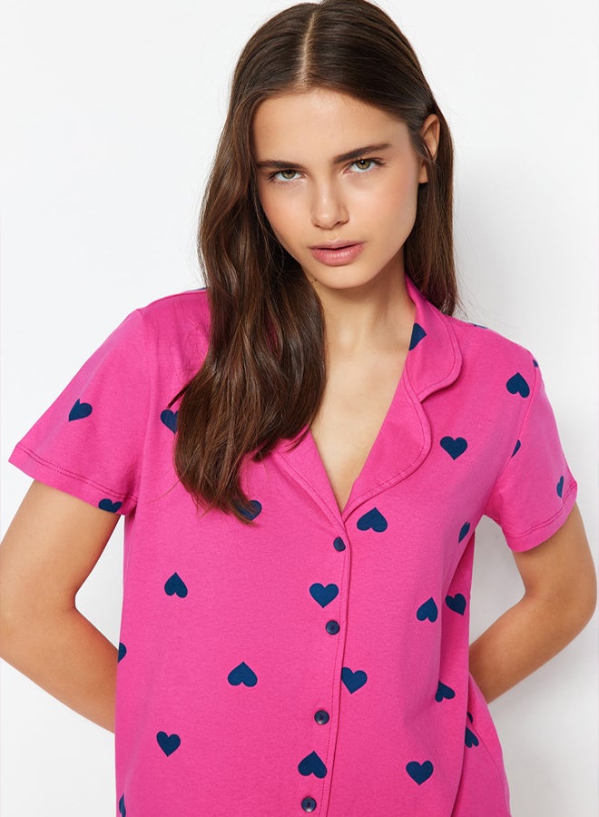 trendyol Pink 100% Cotton Heart Shorts Knitted Pajama Set - Image 3