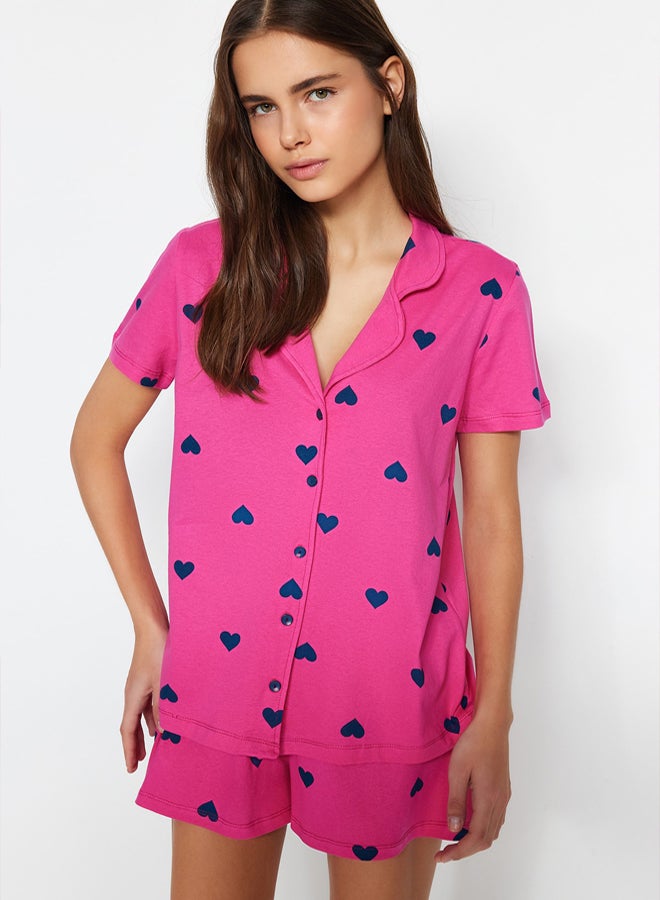 trendyol Pink 100% Cotton Heart Shorts Knitted Pajama Set - Image 4