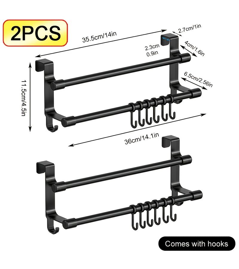 2 Small Double Layer Black Kitchen Towel Rack With Hooks Drill Free Cabinet Door Towel Bar For Bathroom Organizing Towels Dishcloths Gloves And Kitchen Supplies Space Saving - Image 3