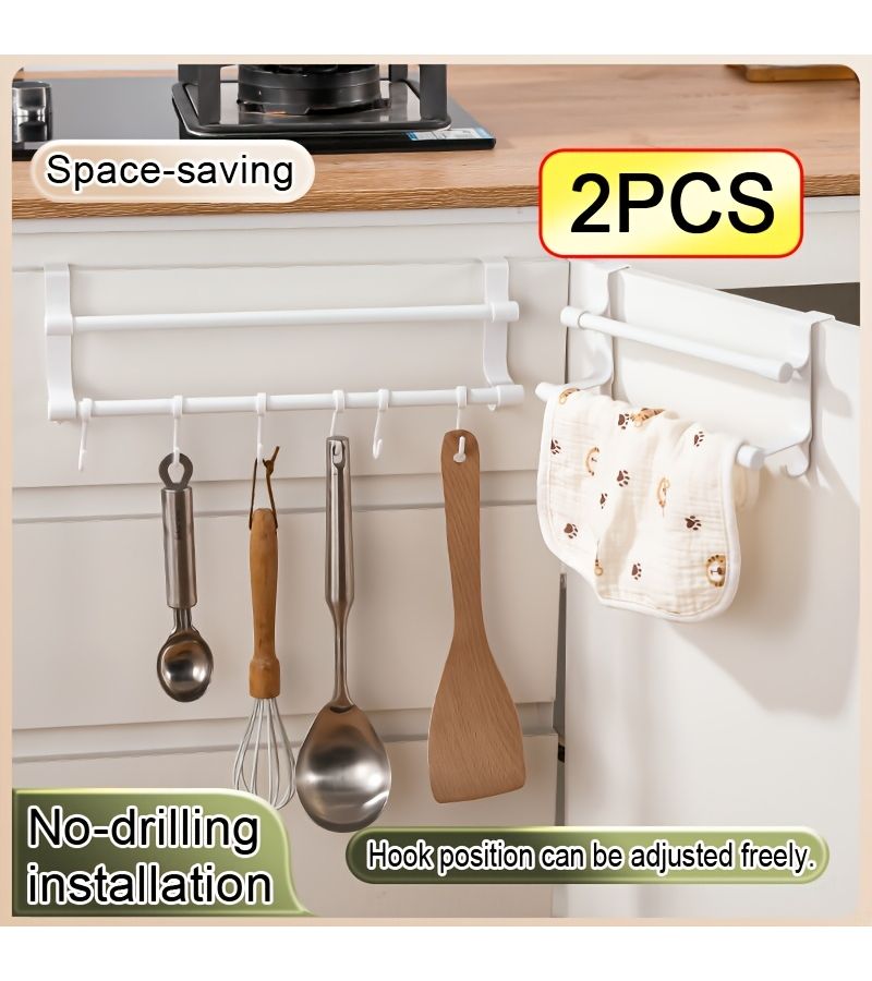 2 Small Double Layer Black Kitchen Towel Rack With Hooks Drill Free Cabinet Door Towel Bar For Bathroom Organizing Towels Dishcloths Gloves And Kitchen Supplies Space Saving - Image 1
