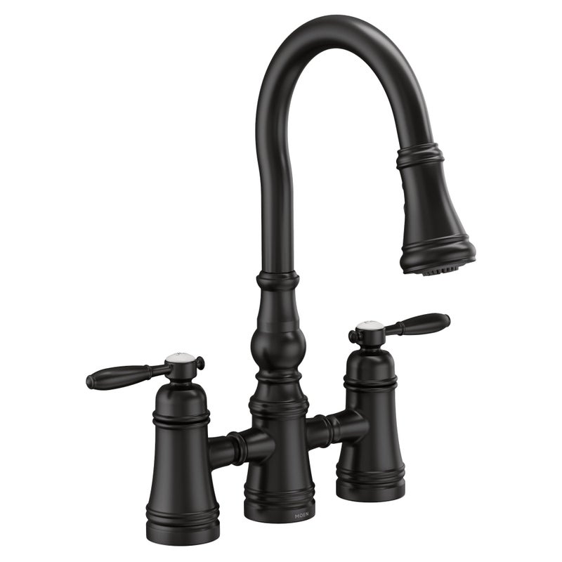 Moen Weymouth Matte Black Two Handle Pulldown Bridge Kitchen Faucet S73204BL
