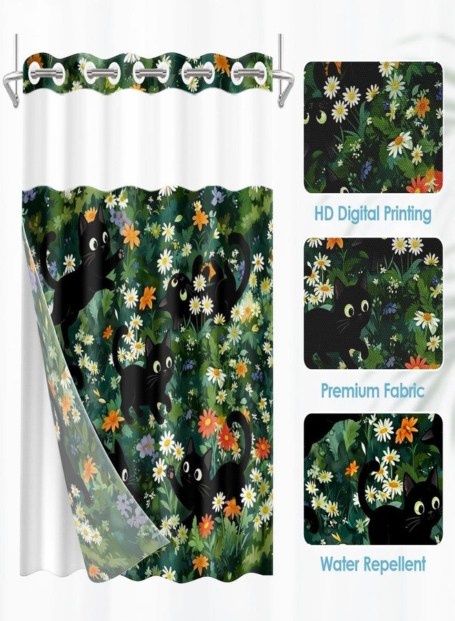 Nesphy No Hook Funny Cat Shower Curtain with Snap in Fabric Liner Set, Cute Cats with Floral Flower Double Layers Waterproof Fabric with See Through Top Window Bath Curtain 71x74 Inch - Image 4