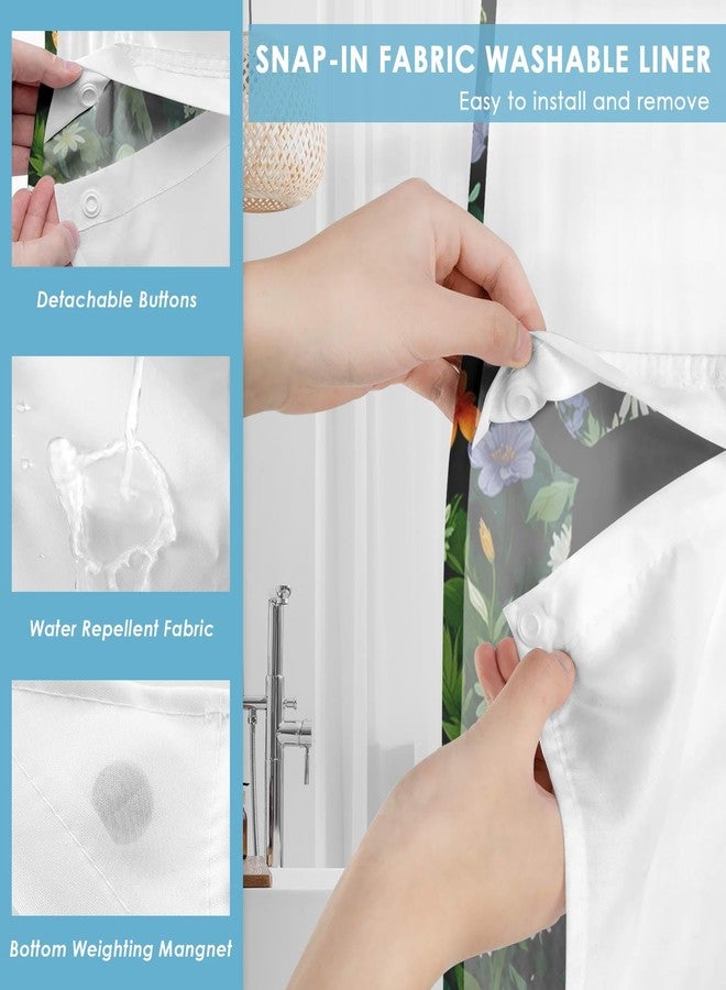 Nesphy No Hook Funny Cat Shower Curtain with Snap in Fabric Liner Set, Cute Cats with Floral Flower Double Layers Waterproof Fabric with See Through Top Window Bath Curtain 71x74 Inch - Image 5