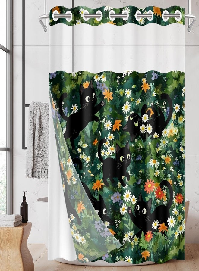 Nesphy No Hook Funny Cat Shower Curtain with Snap in Fabric Liner Set, Cute Cats with Floral Flower Double Layers Waterproof Fabric with See Through Top Window Bath Curtain 71x74 Inch - Image 1