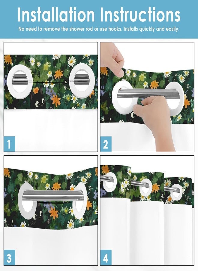 Nesphy No Hook Funny Cat Shower Curtain with Snap in Fabric Liner Set, Cute Cats with Floral Flower Double Layers Waterproof Fabric with See Through Top Window Bath Curtain 71x74 Inch - Image 2