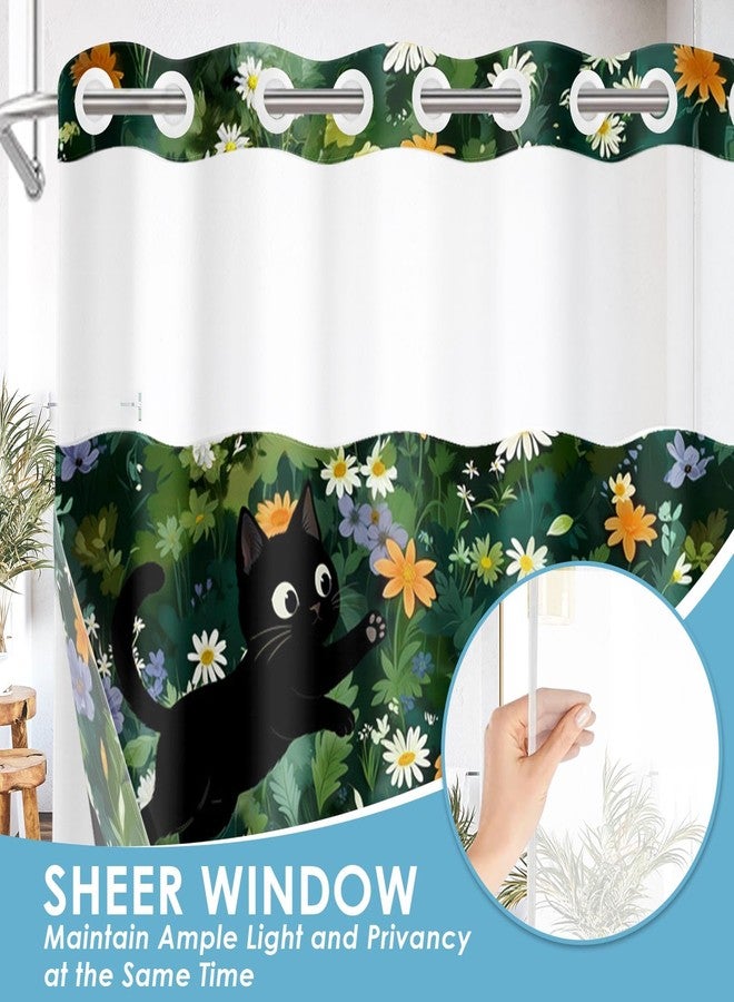 Nesphy No Hook Funny Cat Shower Curtain with Snap in Fabric Liner Set, Cute Cats with Floral Flower Double Layers Waterproof Fabric with See Through Top Window Bath Curtain 71x74 Inch - Image 3