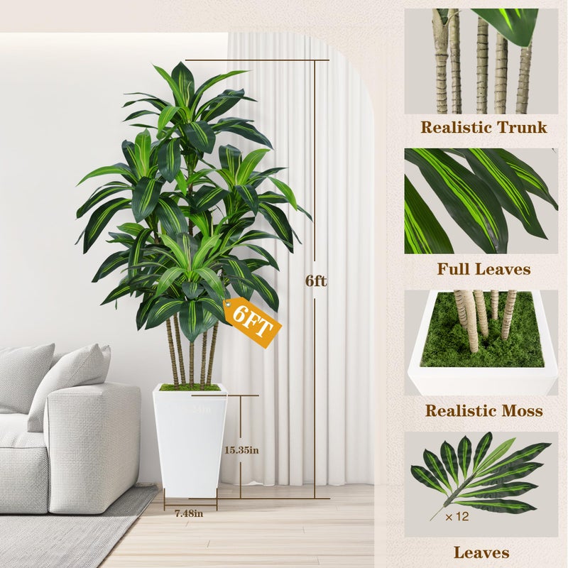 Flydeer 6FT Artificial Dracaena Tree, Fake Tree Indoor with White Tall Planter,Tall Artificial Plants Indoor,Artificial Silk Tree for Home Office Decor (White) - Image 3