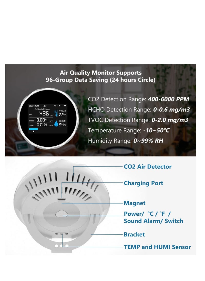 Excefore - Air Quality Monitor, Smart Bluetooth APP Air Quality Monitor, 5 in 1 Formaldehyde HCHO TVOC Detector, CO2, Temperature, Humidity Monitoring, with Time and Date Display, for Home Office - Image 1