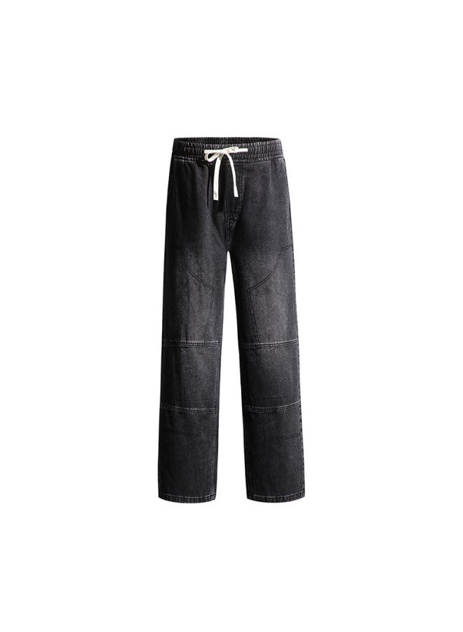Men's Autumn And Winter Tether Stretch Waist Jeans Men's Fashionable Stitching Mid-waist Straight Long Pants