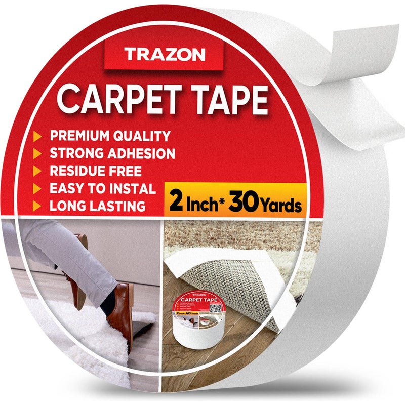 Trazon Carpet Tape Double Sided - Rug Tape Grippers for Hardwood Floors and Area Rugs - Carpet Binding Tape Strong Adhesive and Removable, Heavy Duty Stickers Tape, Residue Free (2 Inch / 30 Yards) - Image 1