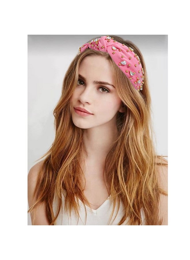 CEALXHENY Crystal Knotted Headbands For Women Sparkly Rhinestone Jeweled Headbands Wide Gold Beads Embellished Hairbands Summer Beach Hair Accessories (Pink) - Image 2