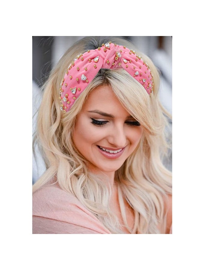 CEALXHENY Crystal Knotted Headbands For Women Sparkly Rhinestone Jeweled Headbands Wide Gold Beads Embellished Hairbands Summer Beach Hair Accessories (Pink) - Image 3