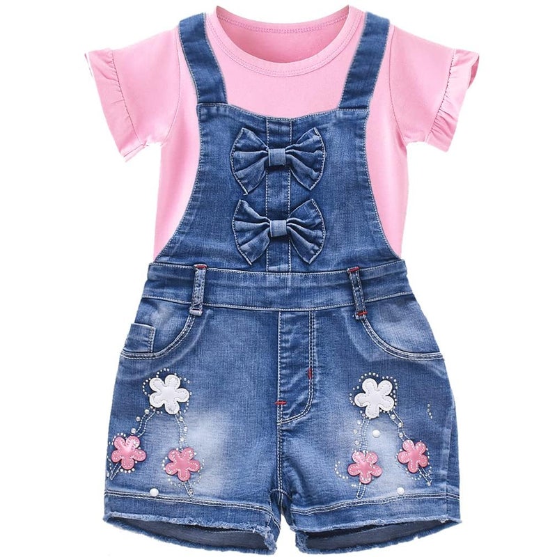 Peacolate 2-8Years Little&Big Summer 2pcs Clothing Set Flower Pink Short Sleeve T Shirt and Denim Rompers Shortalls (6-7Years) - Image 1