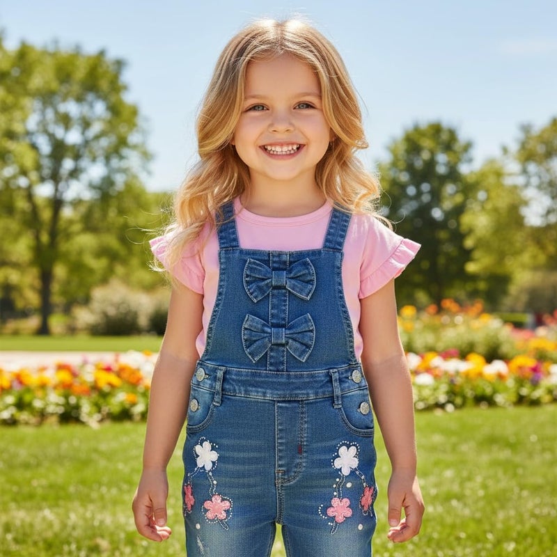 Peacolate 2-8Years Little&Big Summer 2pcs Clothing Set Flower Pink Short Sleeve T Shirt and Denim Rompers Shortalls (6-7Years) - Image 3