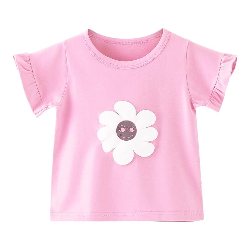 Peacolate 2-8Years Little&Big Summer 2pcs Clothing Set Flower Pink Short Sleeve T Shirt and Denim Rompers Shortalls (6-7Years) - Image 2