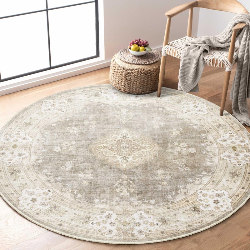 MUJOO Beige Round Rug 4ftCircle Washable Area Rugs for Bedroom Living Room BathroomVintage Bohemian Distressed Farmhouse Non Slip Circular CarpetFloral