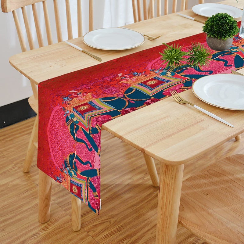 HOMADORN HOMADORN Cotton Feel Fabric Traditional Elephant Design Digital Printed Double Layered for Enhanced Decor 4 Seater Table Runner Cloth 13 INCHES X 60 INCHES