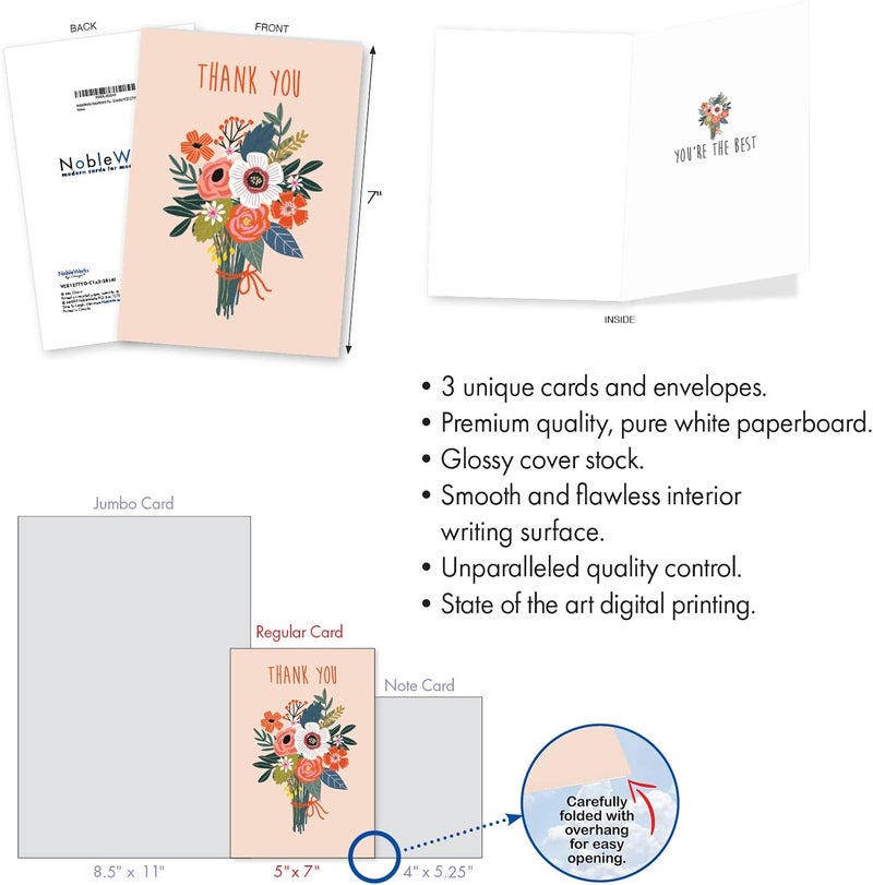 NobleWorks Assortment Pack of 3 Thank You Greeting Cards with Envelopes 3 Designs 1 Each Pretty Grateful VC8127TYGC1x3 - Image 2