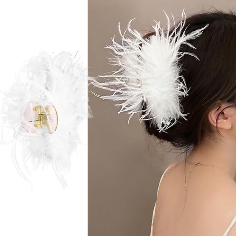 HANSAMU White Feather Hair Clip Ostrich Fluffy Fur Hair Claw Ponytail Shark Clip for Women Halloween Carnival Birthday Party Daily Hair Accessories Hairpin Headwear