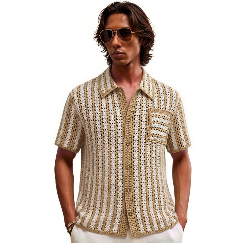 Men's Striped Cutout Polo Shirt - Image 1
