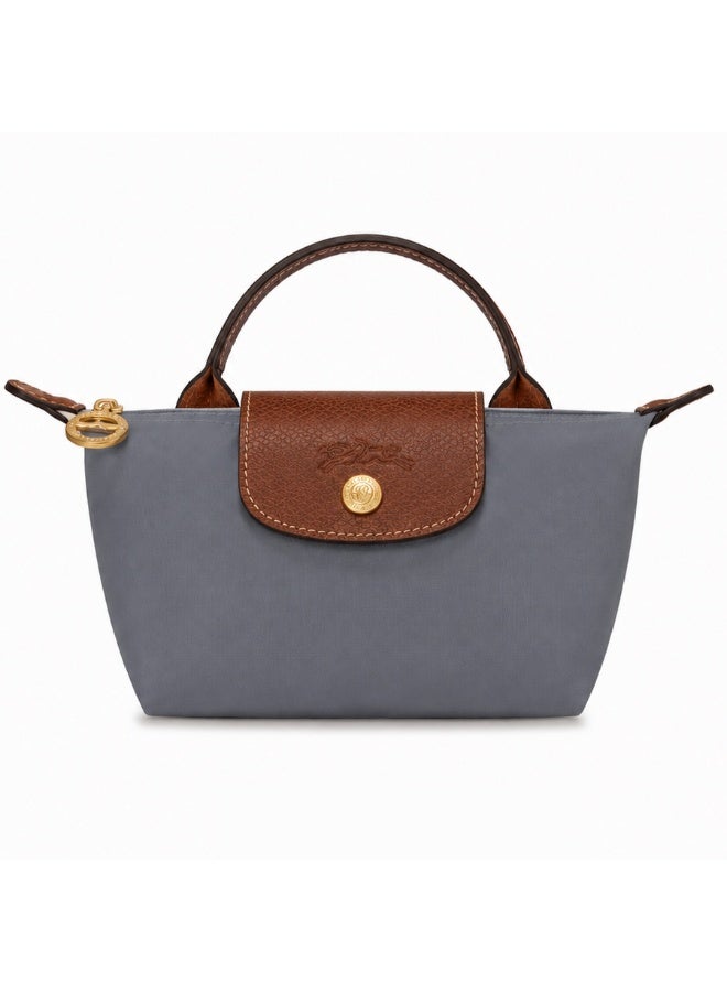 Mini Shoulder Bag, Grey Nylon with Brown Leather Accents, Foldable Design - Image 1