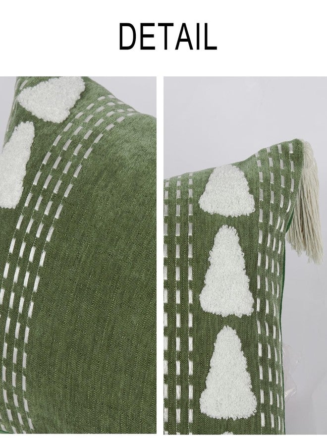 RinRinfam Boho Tree Tufted Lumbar Throw Pillow Cover 12x 20 with Tassels, Embroidered Chenille Pillow Cases, Farmhouse Accent Bedroom Decor for Outdoor Couch Bedroom Car, Olive Green - Image 2