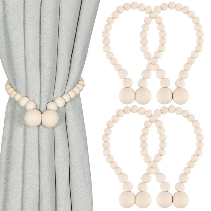 Magnetic Curtain Tiebacks Curtain Tie Backs for Curtains 4 Pack Wood Bead Curtain Tiebacks Curtain Holders for Boho Bedroom Decor Baby Nursery Decor Farmhouse Decor