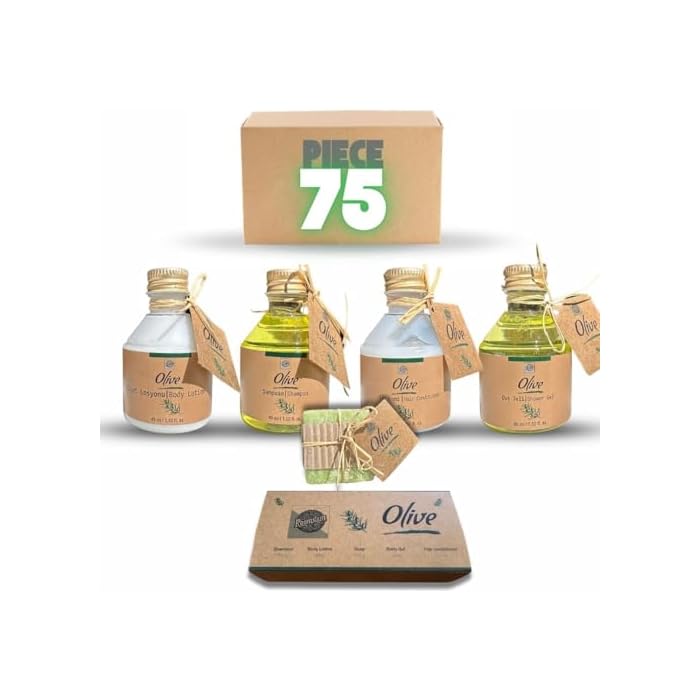 Olive Guest Toiletries Set, 15 Complete Sets with Shampoo, Conditioner, Shower Gel, Lotion and Soap, 45ml/1.52oz Each, Travel Size Toiletries (75 Piece)