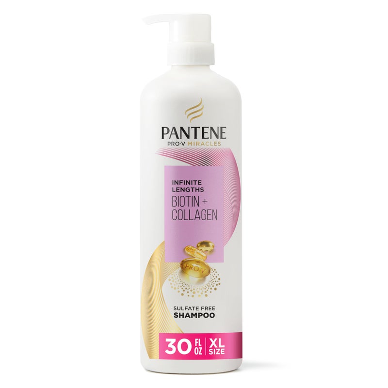 Pantene Infinite Lengths Shampoo, Sulfate Free with Biotin + Collagen, Strengthens Brittle Hair, Up to 90% Less Breakage, Safe for Color Treated Hair, Pro-V Miracles, Floral Scent, 30 Fl Oz - Image 1