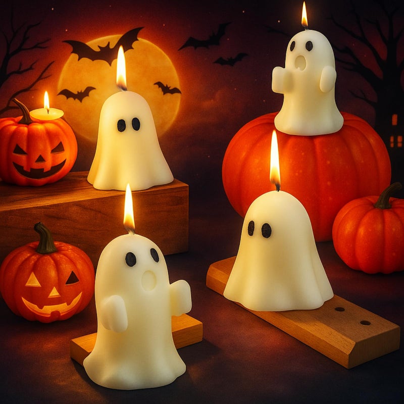 Minatee 4 Pieces Large Halloween Ghost Candles Cute Spooky Fall Decor Burning White Scented Wax Candles Gifts for Boo Basket Stuffers Halloween Room Table Indoor Decorations 2 Style