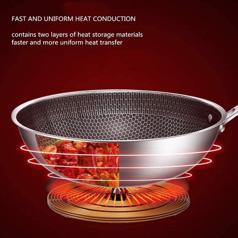ZLASS Stainless Steel Wok, round bottom non-stick honeycomb wok with anti-scalding handle, suitable for family restaurant cooking pots on all stoves, 32cm/12.5in - Image 3
