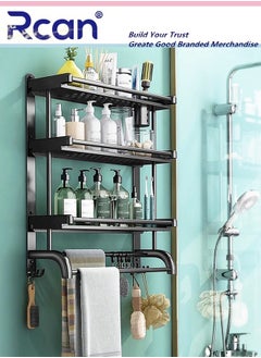 Rcan 3 Tier Wall Mounted Bathroom Rack 2 In 1 Self Adhesive and Perforated Stainless Steel Shower Storage Rack With Towel Bar Hook for Kitchen Bathroom Toilet  - Image 5