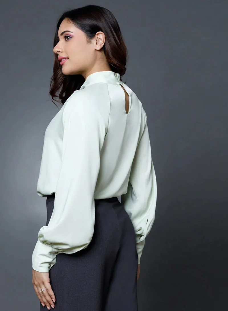 Zigzag Twist Collar Long Sleeve Satin Top
