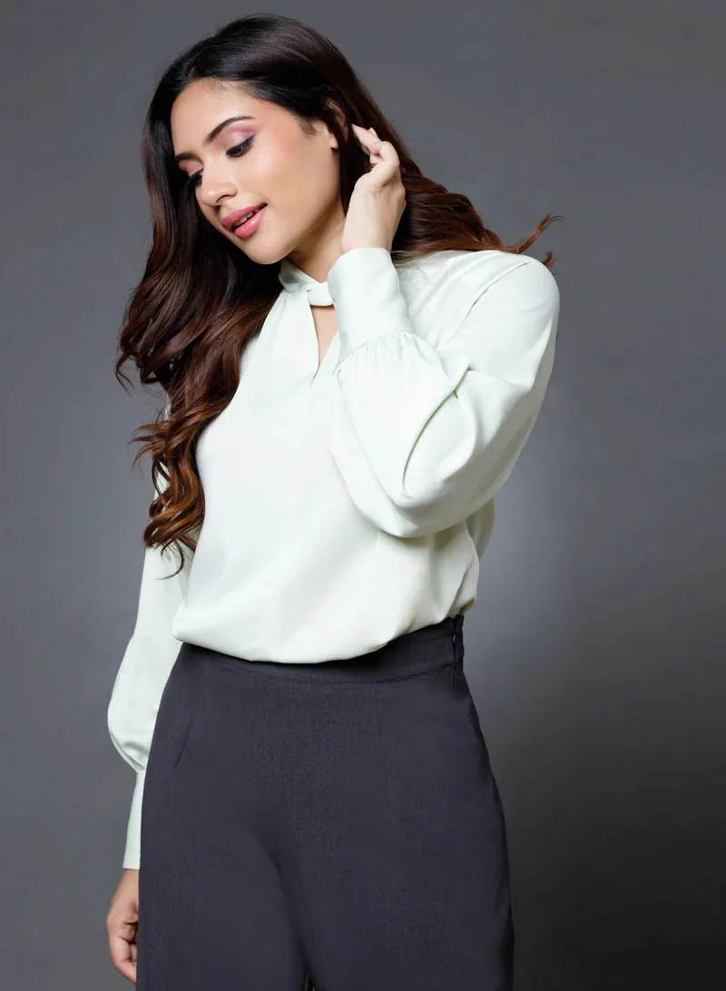Zigzag Twist Collar Long Sleeve Satin Top