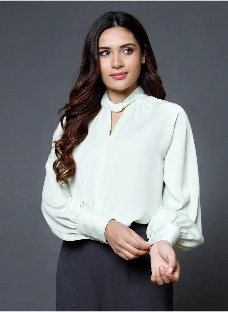 Zigzag Twist Collar Long Sleeve Satin Top