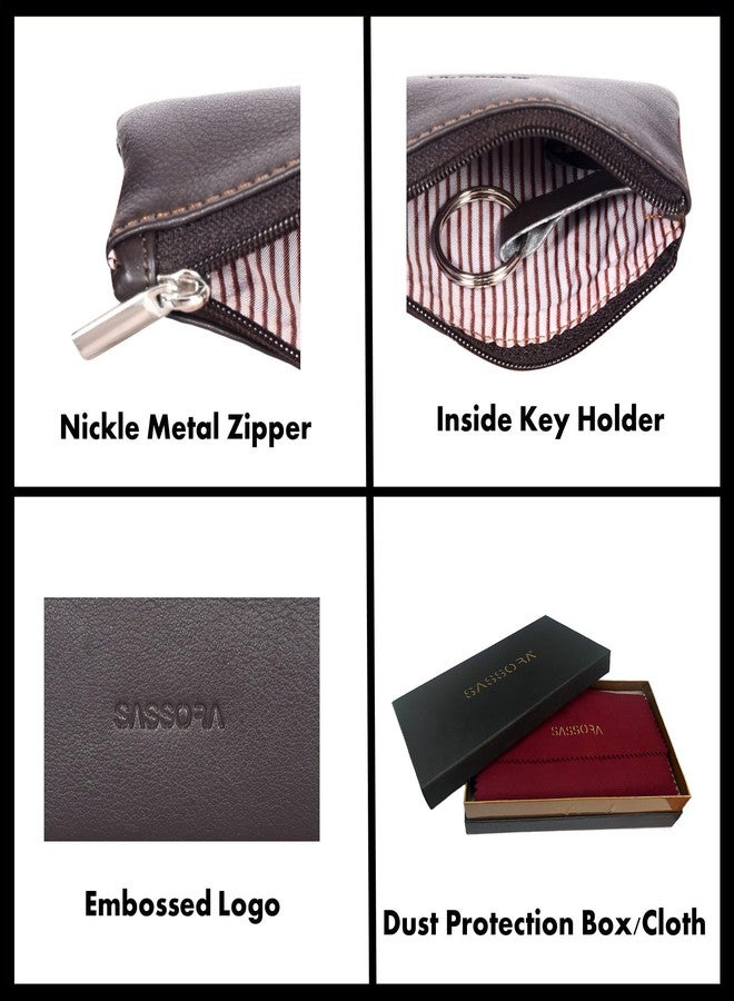 Sassora Genuine Leather Zip Closure Key Pouch (Brown) - Image 5