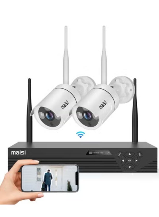 Wireless CCTV Home Security Camera Kit – 4CH NVR Recorder with 2pcs 3MP Outdoor WiFi IP Cameras, Motion Alerts, Remote Access (No Hard Drive) - Image 1