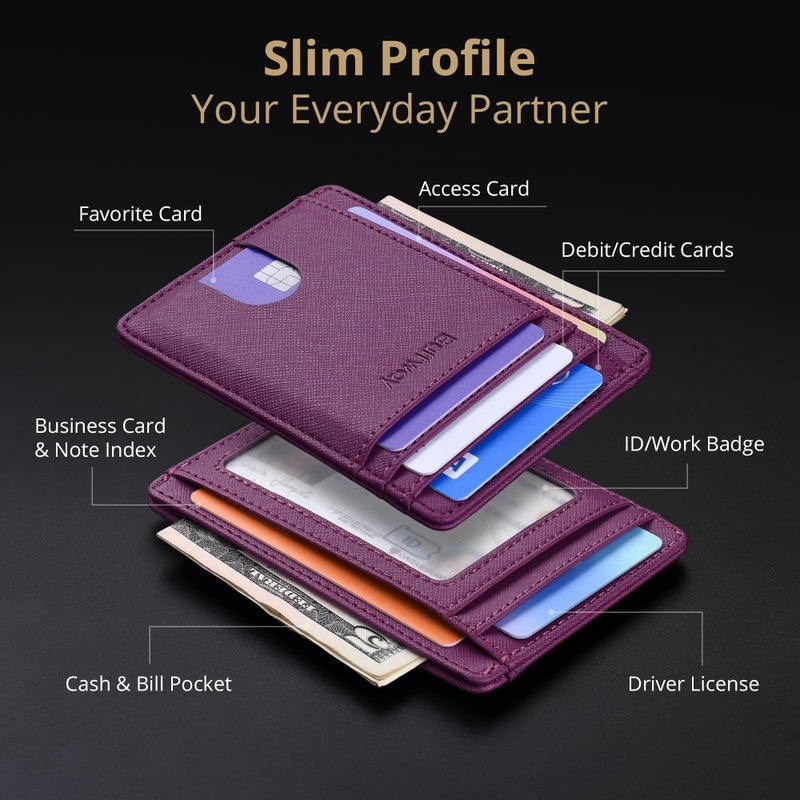 Buffway Slim Minimalist Front Pocket RFID Blocking Leather Wallets for Men and Women - Cross Purple - Image 3