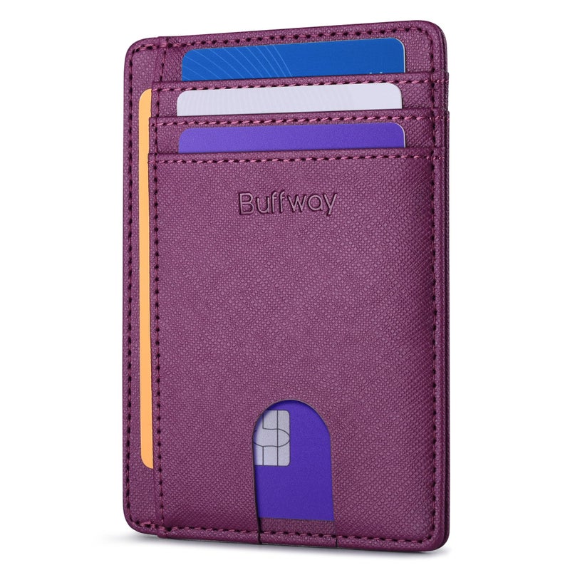 Buffway Slim Minimalist Front Pocket RFID Blocking Leather Wallets for Men and Women - Cross Purple - Image 1